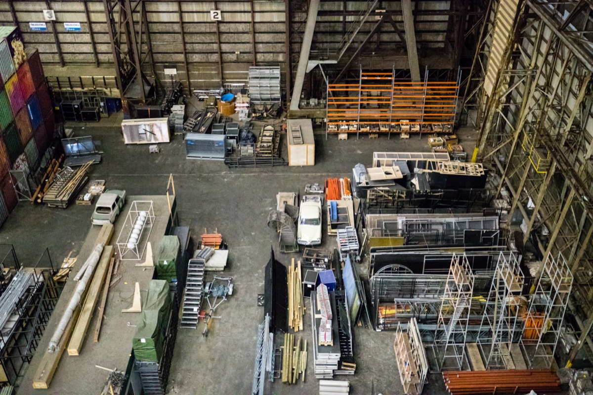 A large internal storage area with racking